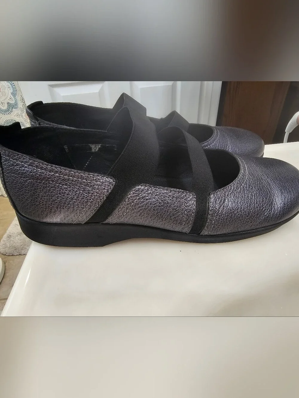 Arcopedico Metallic Gray Slip-On Flats with Elastic Cross Straps
